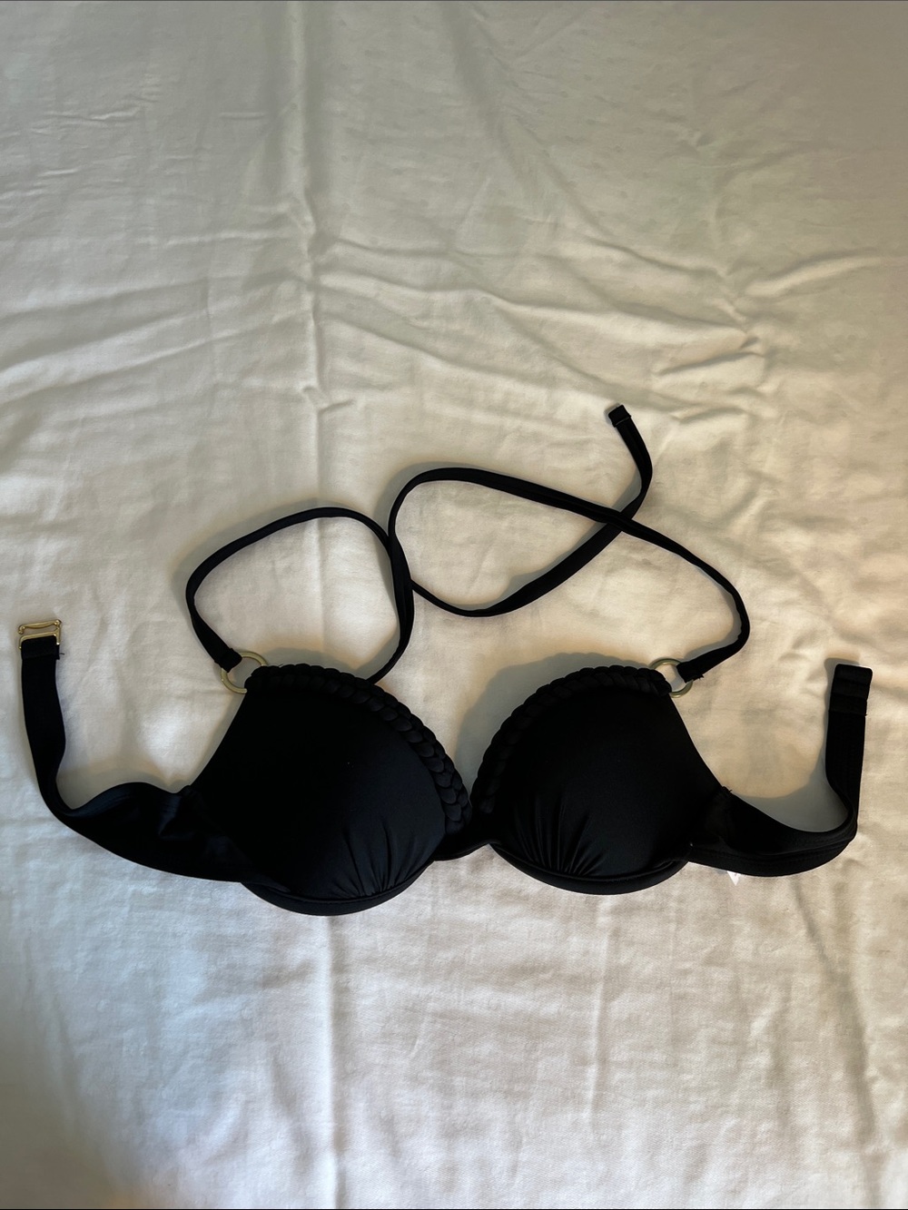 Black Bikini Top - Braided Edge - Gold Hardware - Halter - Small